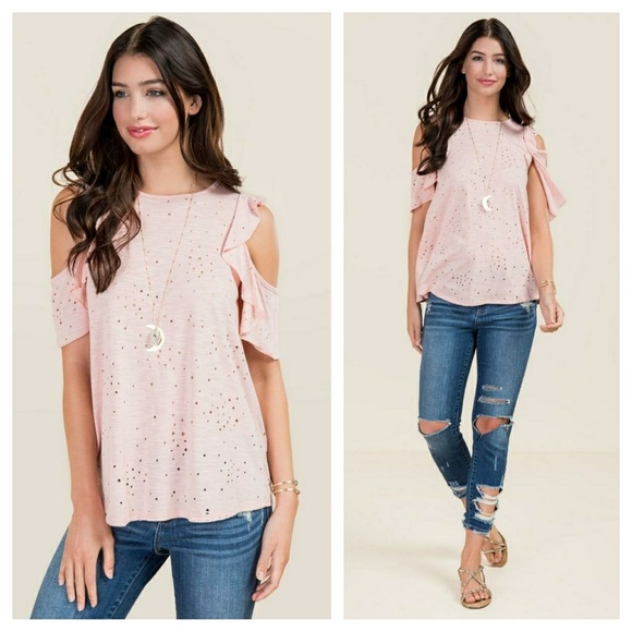 Blancheaux Tops - *Summer Sale* Cold shoulder distressed ruffle top